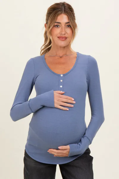 PinkBlush Denim Blue Ribbed Henley Maternity Top
