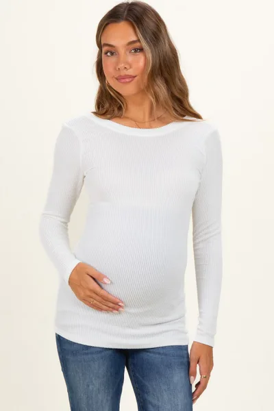 PinkBlush White Ribbed Scoop Neck Long Sleeve Maternity Top