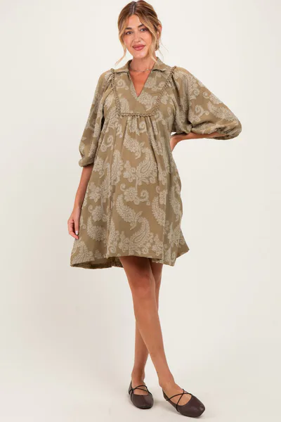 PinkBlush Light Olive Paisley Puff Sleeve Maternity Dress