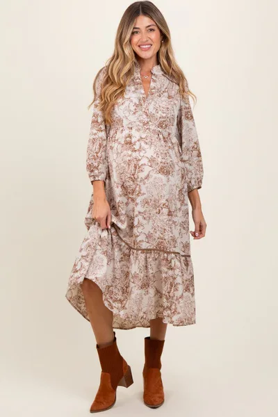 PinkBlush Brown Printed Split Ruffle Collar Maternity Midi Dress