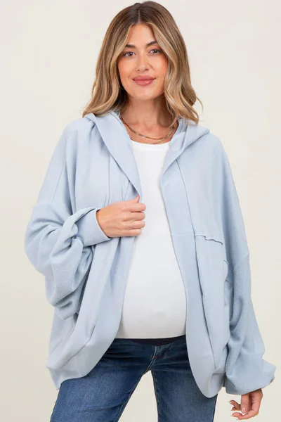 PinkBlush Light Blue Solid Terry Long Dolam Sleeve Vintage Maternity Hoodie