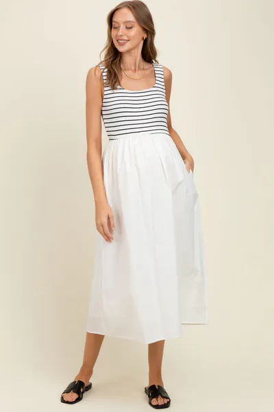 PinkBlush White Striped Contrast Sleeveless Maternity Midi Dress
