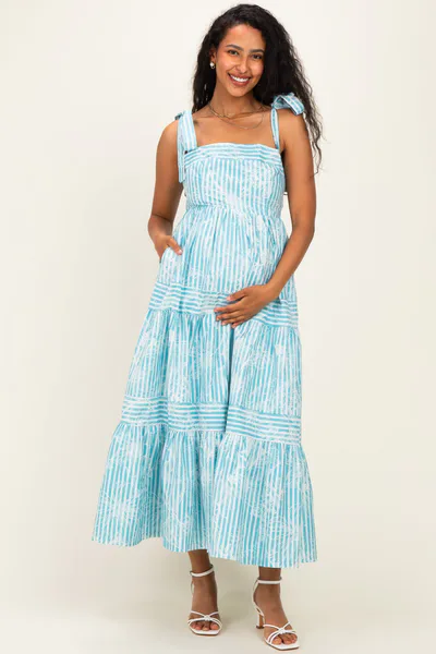 PinkBlush Aqua Striped Shoulder Tie Tiered Maternity Maxi Dress