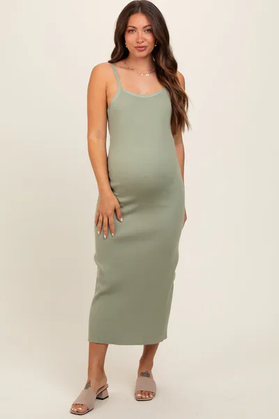 PinkBlush Light Olive Knit Open Tie Back Maternity Midi Dress