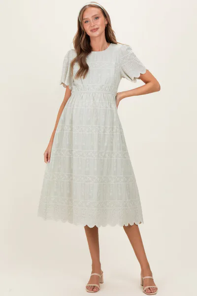 PinkBlush Light Olive Embroidered Floral Maternity Midi Dress