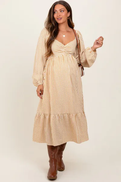 PinkBlush Yellow Striped Ruched Bodice Balloon Sleeved Maternity Midi Dress