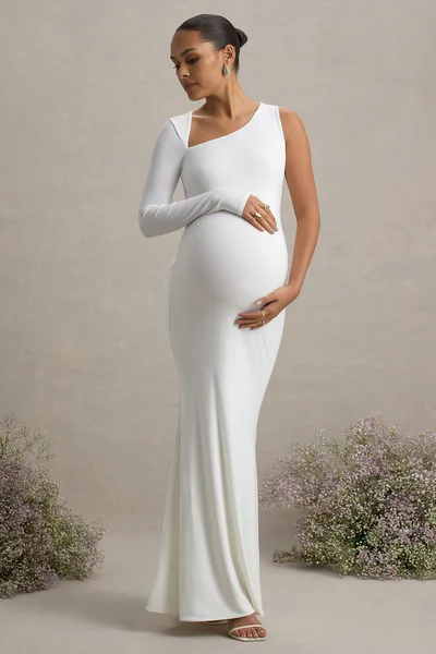 Club L London Oh Baby | White Maternity One Shoulder Bodycon Maxi Dress