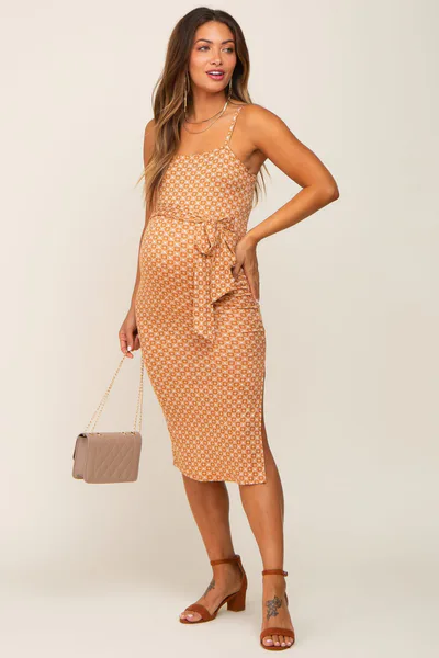 PinkBlush Camel Tile Print Front Tie Side Slit Maternity Midi Dress