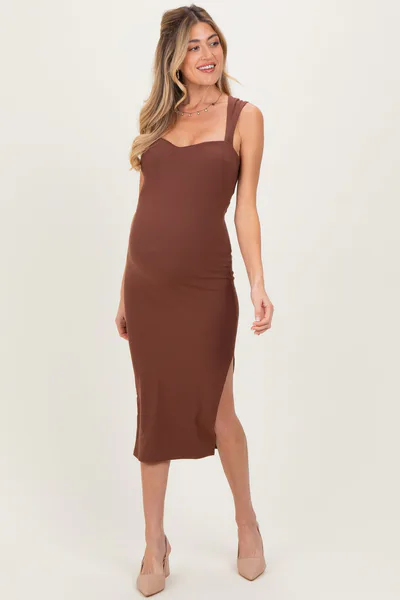 PinkBlush Brown Cutout Fitted Maternity Midi Dress