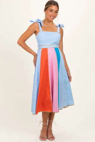 PinkBlush Light Blue Colorblock Shoulder Tie Maternity Midi Dress