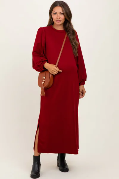PinkBlush Burgundy Side Slit Detail Solid Maternity Midi Dress