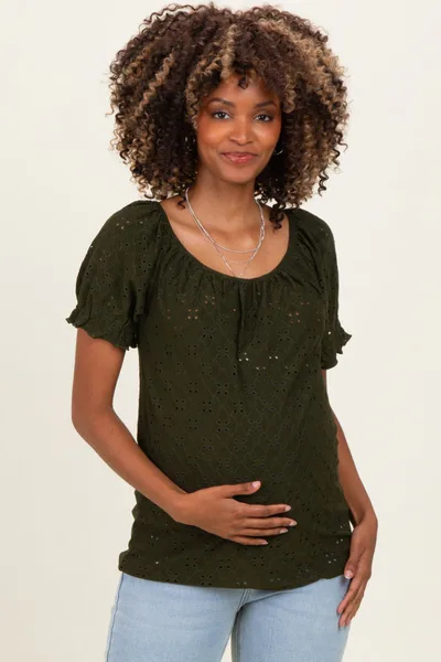 PinkBlush Olive Eyelet Lace Puff Sleeve Maternity Blouse