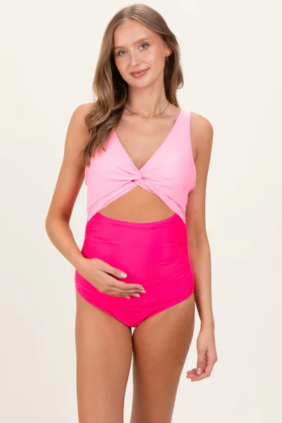 PinkBlush Pink Striped Color Block Cutout Maternity Swimsuit