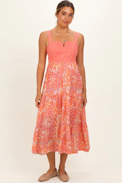 PinkBlush Coral Orange Colorblock Floral Tiered Maternity Midi Dress