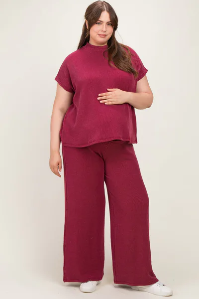 PinkBlush Burgundy Plus Raised Rib Short Sleeve Maternity Tee & Pants Set