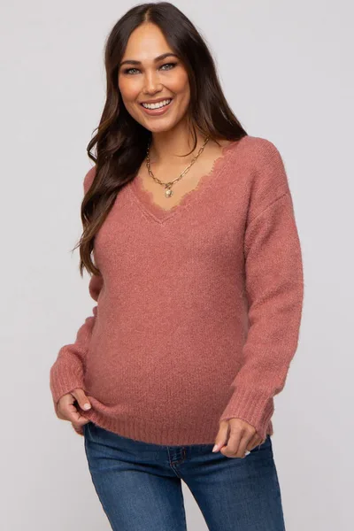 PinkBlush Mauve Soft Knit Lace Trim Maternity Sweater