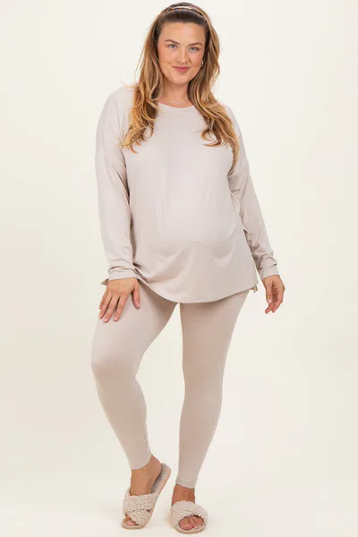 PinkBlush Cream Brushed Knit Oversized Top and Legging Maternity Plus Set
