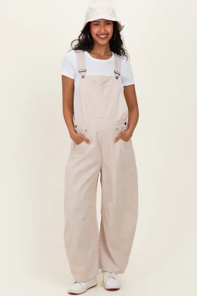 PinkBlush Taupe Pinstriped Barrel-Leg Maternity Overalls