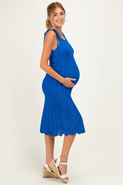 PinkBlush Blue Tied Shoulder Strap Maternity Midi Dress