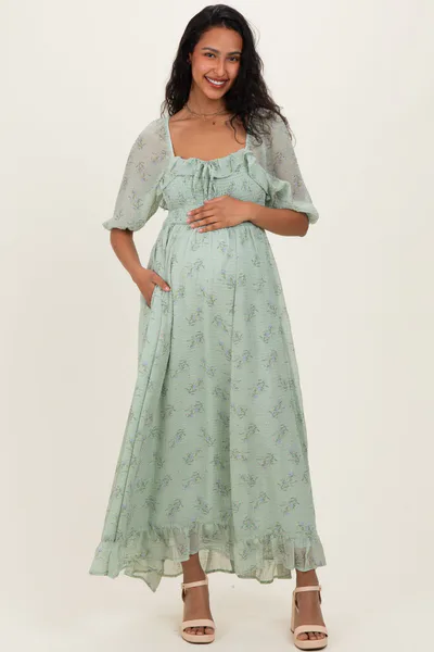 PinkBlush Sage Floral Chiffon Smocked Ruffle Maternity Maxi Dress