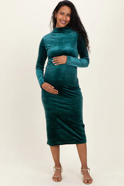 PinkBlush Forest Green Glitter Velvet Ruched Maternity Midi Dress