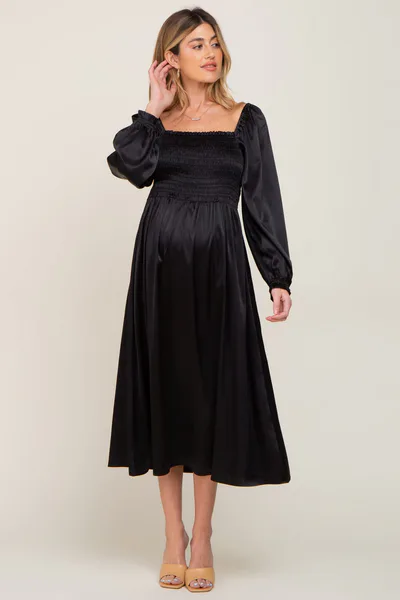 PinkBlush Black Smocked Square Neck Satin Maternity Midi Dress