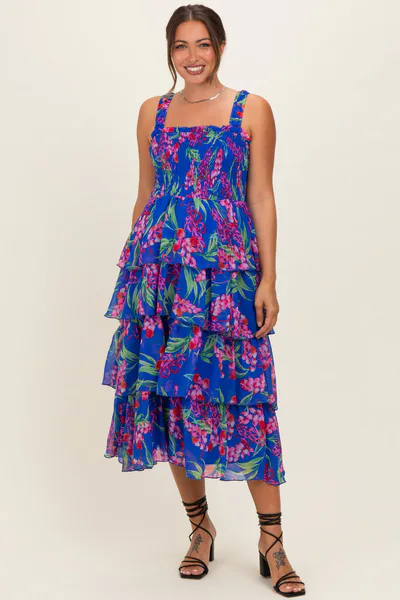 PinkBlush Royal Blue Floral Smocked Tiered Maternity Midi Dress