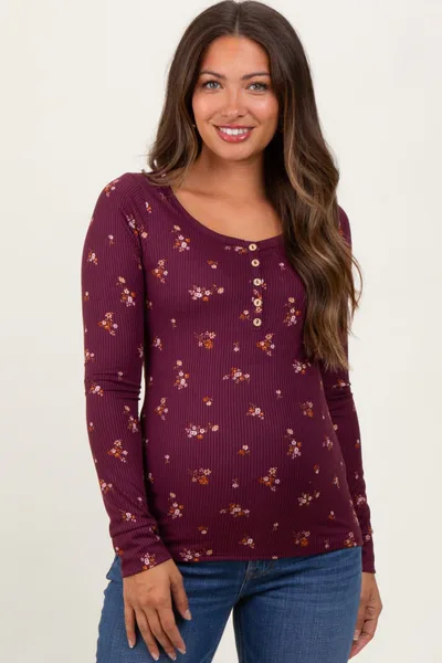 PinkBlush Plum Floral Henley Long Sleeve Maternity Top