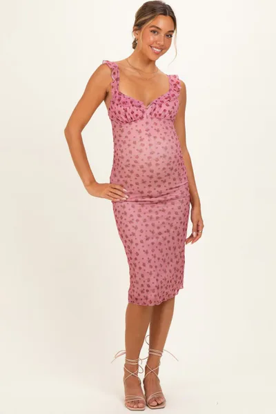 PinkBlush Smoke Rose Mesh Front Tie Maternity Midi Dress