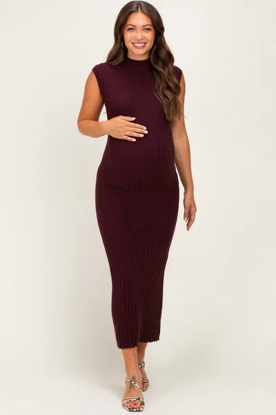 PinkBlush Burgundy Ribbed Knit Mock Neck Maternity Maxi Dress