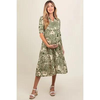Target Pinkblush Olive Floral Collared Tiered Maternity Midi Dress Medium