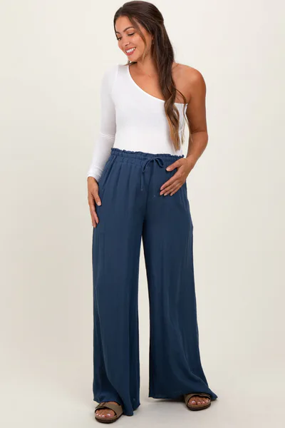 PinkBlush Navy Ruffled Drawstring Waist Wide Leg Maternity Pants