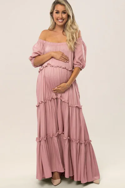 PinkBlush Mauve Off Shoulder Ruffle Tiered Maternity Maxi Dress
