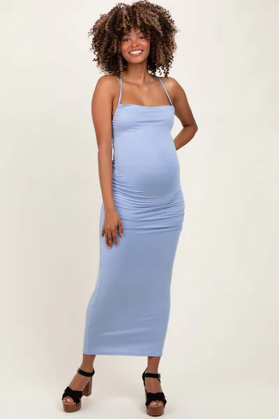 PinkBlush Light Blue Ruched Double Layered Maternity Maxi Dress