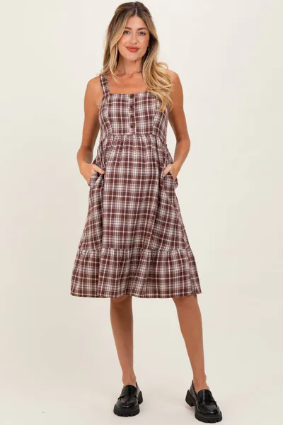 PinkBlush Brown Plaid Square Neck Maternity Dress