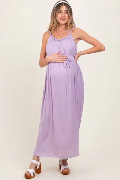 PinkBlush Lavender Braided Neckline Maternity Maxi Dress