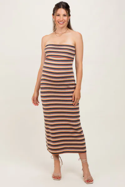 PinkBlush Multicolor Striped Knit Strapless Maternity Midi Dress