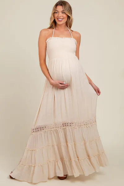 PinkBlush Cream Smocked Open Back Maternity Maxi Dress