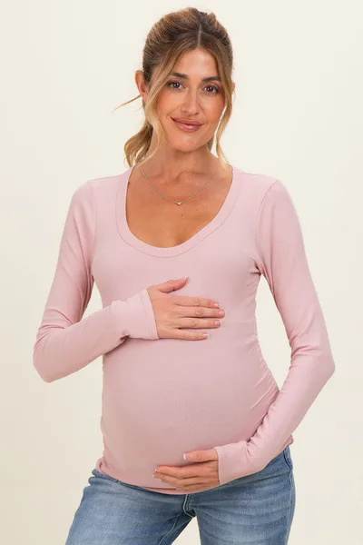 PinkBlush Pink Ribbed Ruched Maternity Long Sleeve Top
