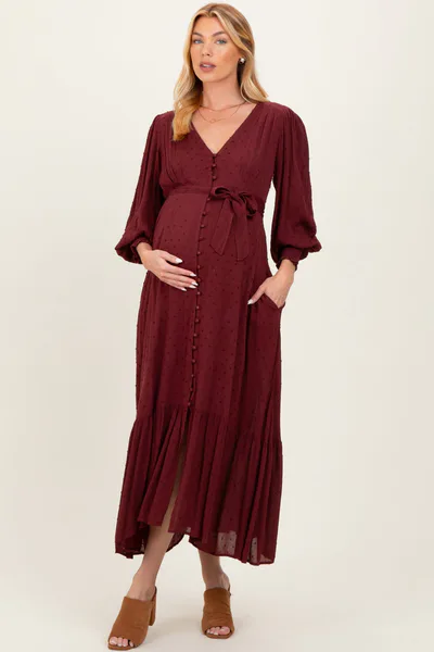 PinkBlush Burgundy Swiss Dot Button Down Maternity Maxi Dress