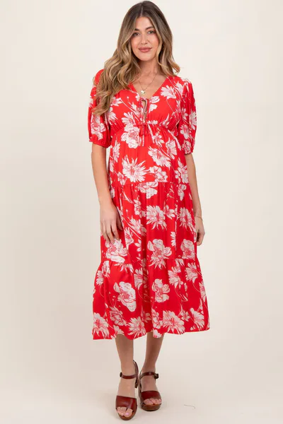 PinkBlush Red Floral Tie Front Tiered Maternity Midi Dress