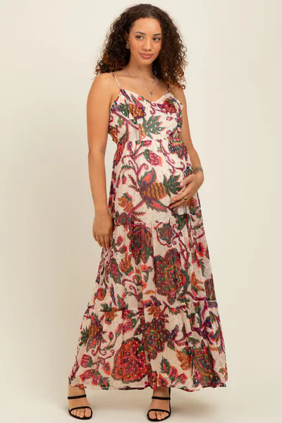 PinkBlush Cream Floral Back Cutout Tie Back Maternity Maxi Dress