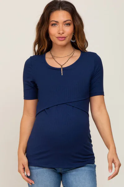 PinkBlush Navy Blue Ribbed Wrap Front Maternity/Nursing Top