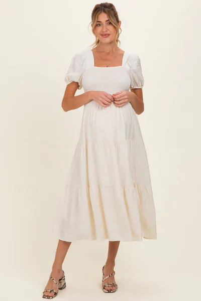 PinkBlush Natural Smocked Puff Sleeve Tiered Linen Maternity Midi Dress