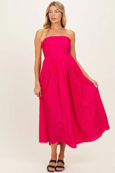 PinkBlush Hot Pink Striped Strapless Maternity Maxi Dress