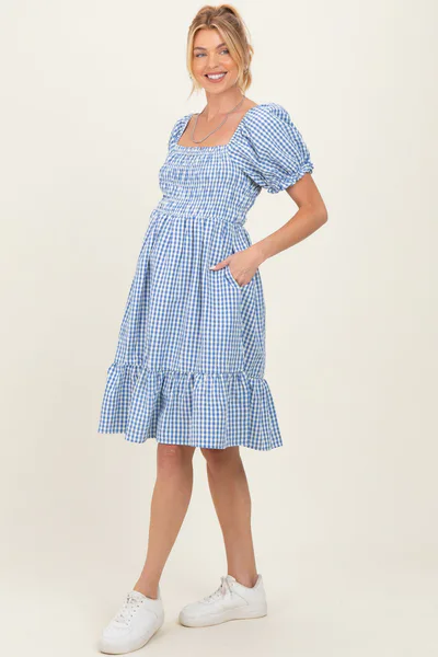 PinkBlush Blue Gingham Smocked Puff Sleeve Maternity Dress