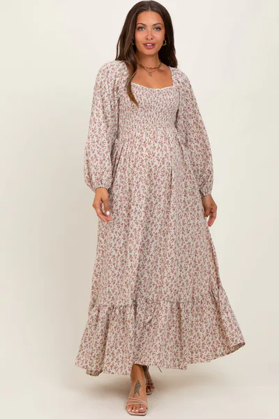 PinkBlush Pink Floral Smocked Lace Trim Sweetheart Maternity Maxi Dress