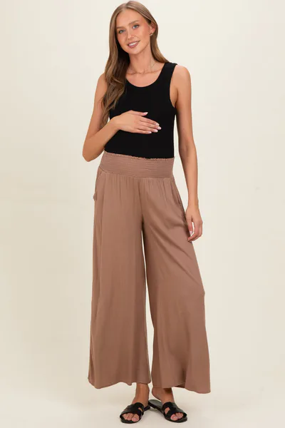 PinkBlush Cocoa Smocked Waistband Wide Leg Maternity Lounge Pants