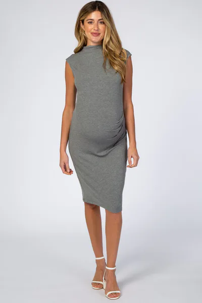 PinkBlush Grey Ribbed Mock Neck Fitted Maternity Dress