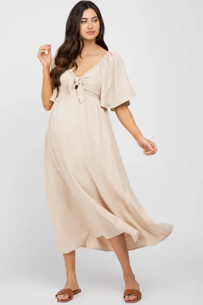 PinkBlush Beige Textured Dot Front Tie Ruffle Sleeve Maternity Midi Dress